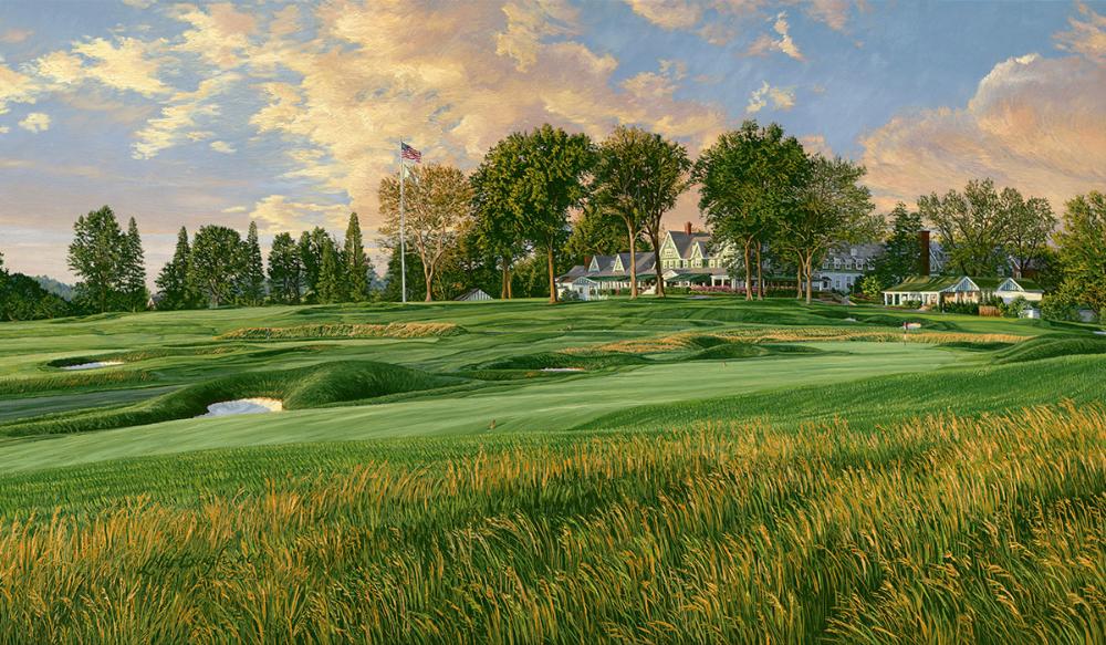 A painting of the 14th hole at Oakmont, 2007 U.S. Open Championship by renowned Hilton Head Island artist Linda Hartough