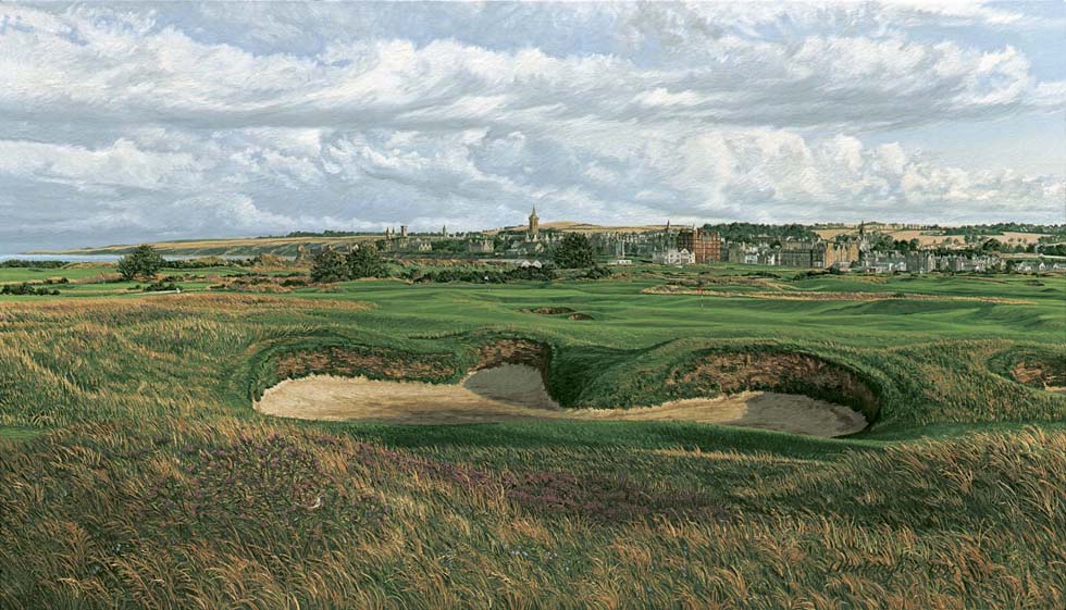 A painting of the 14th hole at St Andrews, The Old Course by renowned Hilton Head Island artist Linda Hartough
