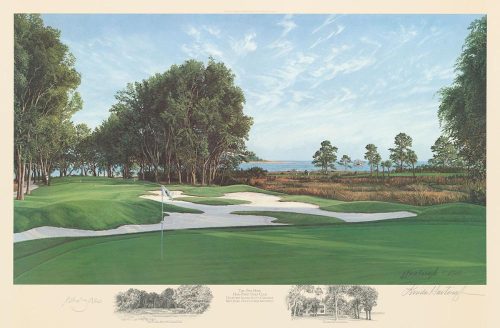 A fine art paper print of the 15th hole at Haig Point Golf Club by renowned Hilton Head Island artist Linda Hartough, cosigned by Rees Jones