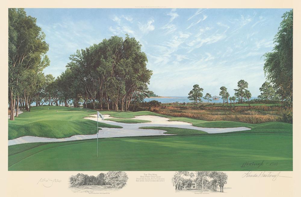 A fine art paper print of the 15th hole at Haig Point Golf Club by renowned Hilton Head Island artist Linda Hartough, cosigned by Rees Jones
