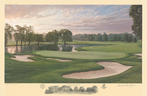 A fine art print of the 16th hole at Oakland Hills South Course, 1996 U.S. Open Championship by renowned Hilton Head Island artist Linda Hartough