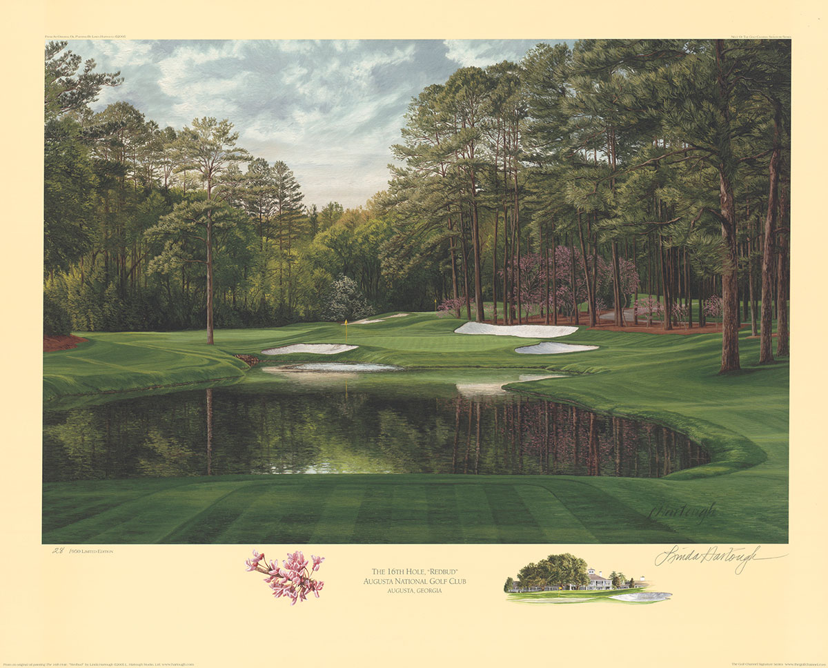 A fine art paper print of the 16th hole at Red Bud Augusta National by renowned Hilton Head Island artist Linda Hartough