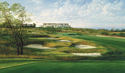 A painting of the 16th hole at Shinnecock, 1995 U.S. Open Championship by renowned Hilton Head Island artist Linda Hartough