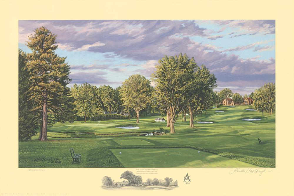 A fine art paper print of the 17th and 9th hole at Aronimink Golf Club by renowned Hilton Head Island artist Linda Hartough