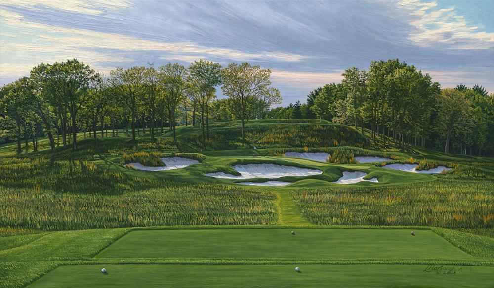 A painting of the 17th at Bethpage Black, 2009 U.S. Open Championship by renowned Hilton Head Island artist Linda Hartough