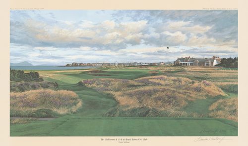 A fine art paper print of the 17th hole at Clubhouse Royal Troon by renowned Hilton Head Island artist Linda Hartough