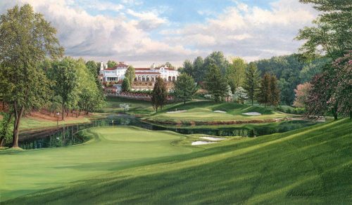 A painting of the 17th at Congressional Country Club Blue Course, 1997 U.S. Open Championship by renowned Hilton Head Island artist Linda Hartough