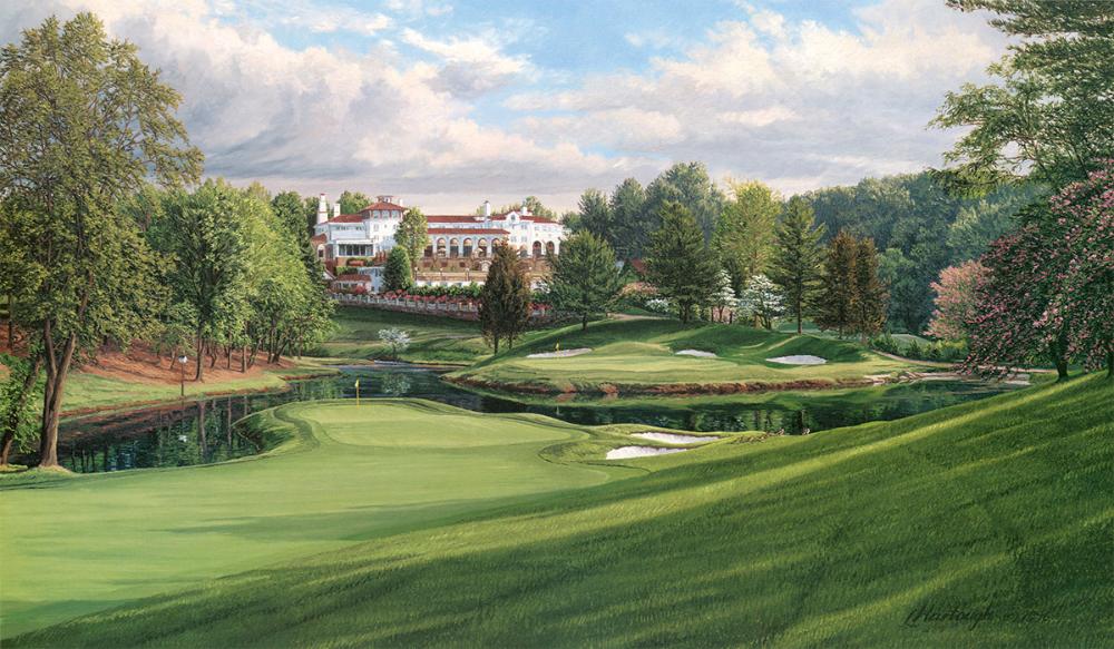 A painting of the 17th at Congressional Country Club Blue Course, 1997 U.S. Open Championship by renowned Hilton Head Island artist Linda Hartough
