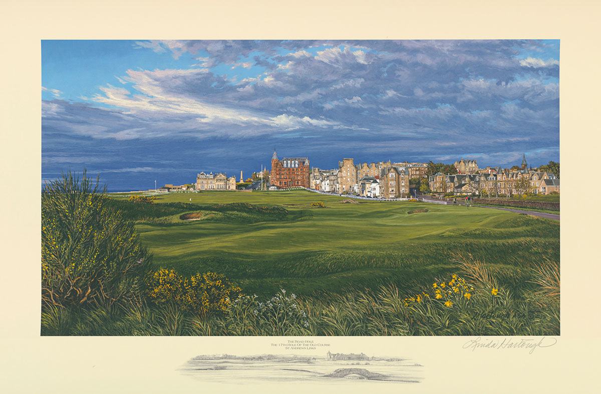A paper giclee print of the 17th hole at Road Hole St Andrews by renowned Hilton Head Island artist Linda Hartough