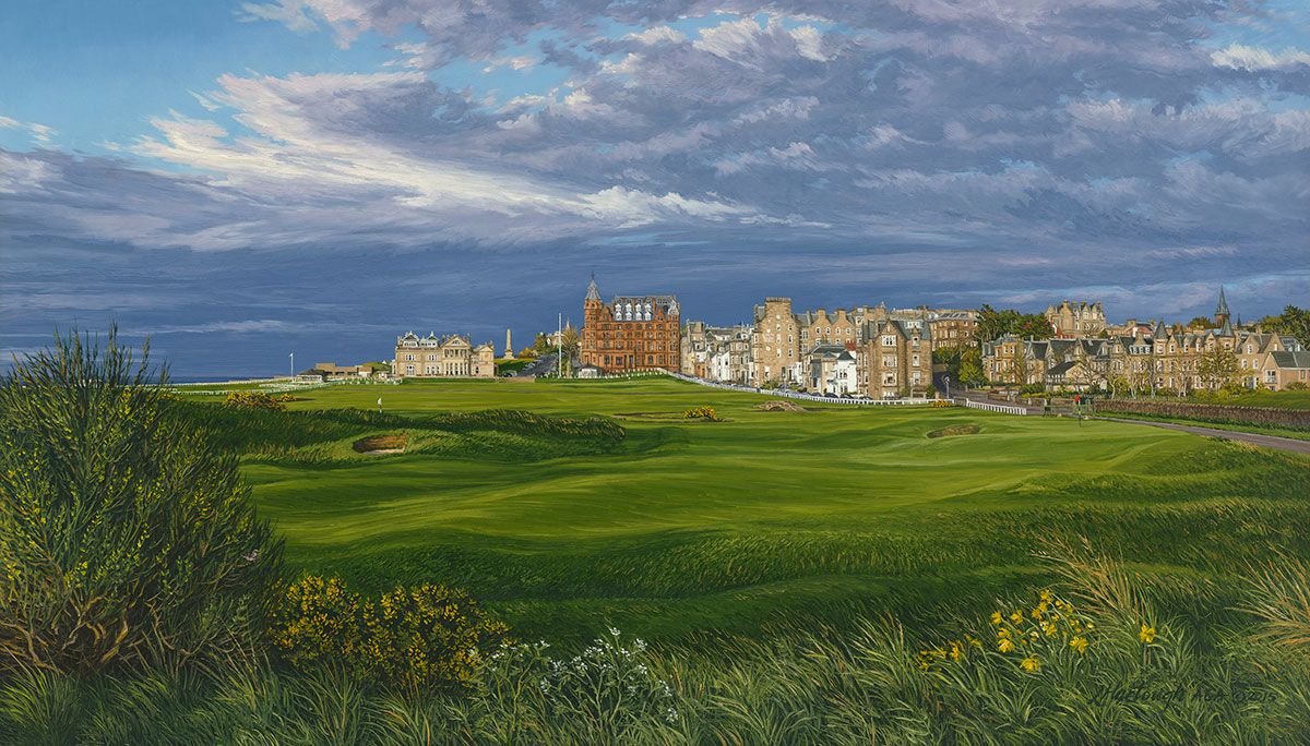 A painting of the 17th hole at Road Hole St Andrews by renowned Hilton Head Island artist Linda Hartough
