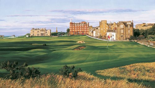 A painting of the 17th hole at Road Hole St Andrews by renowned Hilton Head Island artist Linda Hartough