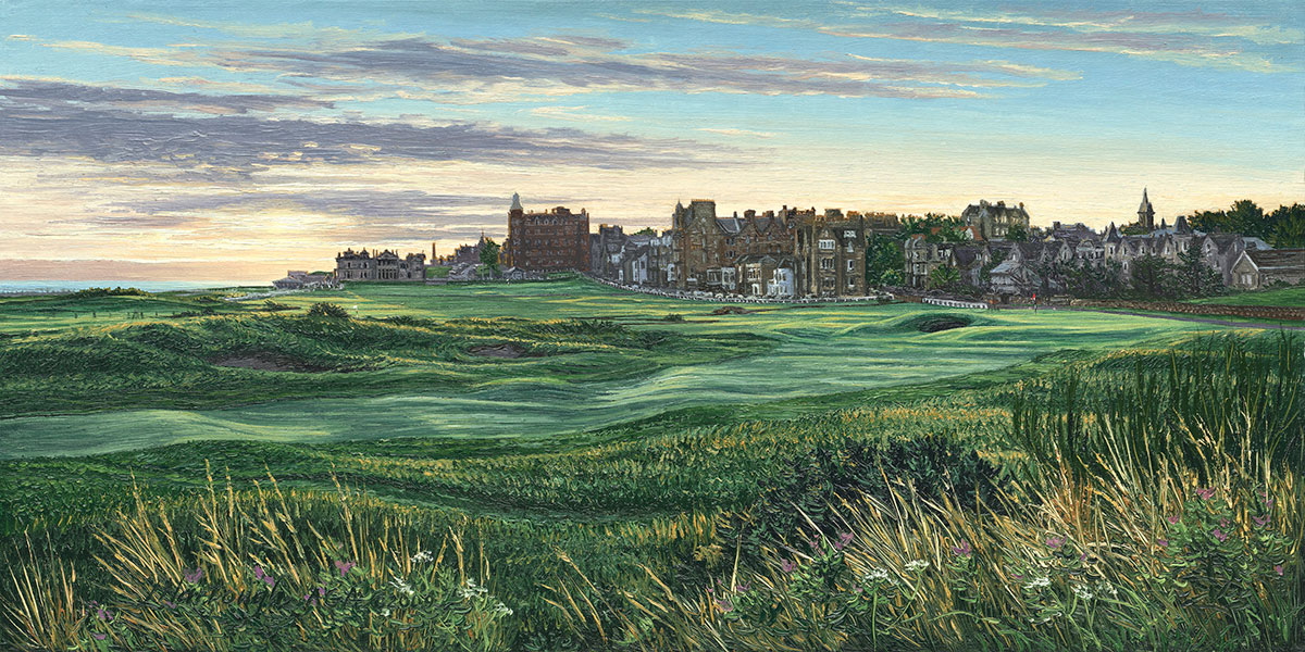 A painting of the 17th hole at a Road Hole at Dawn St Andrews by renowned Hilton Head Island artist Linda Hartough