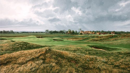 A painting of the 17th hole at Royal St George's Golf Club by renowned Hilton Head Island artist Linda Hartough