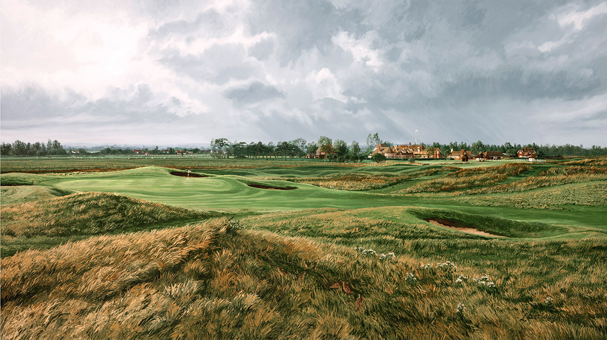 A painting of the 17th hole at Royal St George's Golf Club by renowned Hilton Head Island artist Linda Hartough