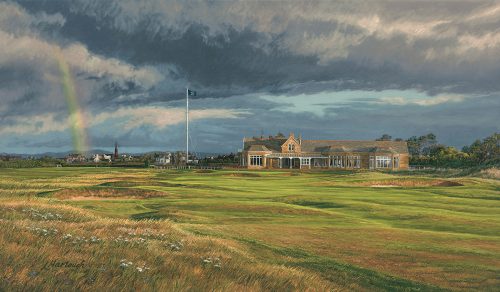 A painting of the 18th hole at Craigend Royal Troon Golf Club by renowned Hilton Head Island artist Linda Hartough