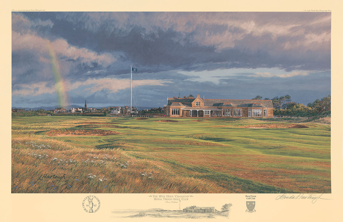 A fine art paper print of the 18th hole at Craigend Royal Troon Golf Club by renowned Hilton Head Island artist Linda Hartough