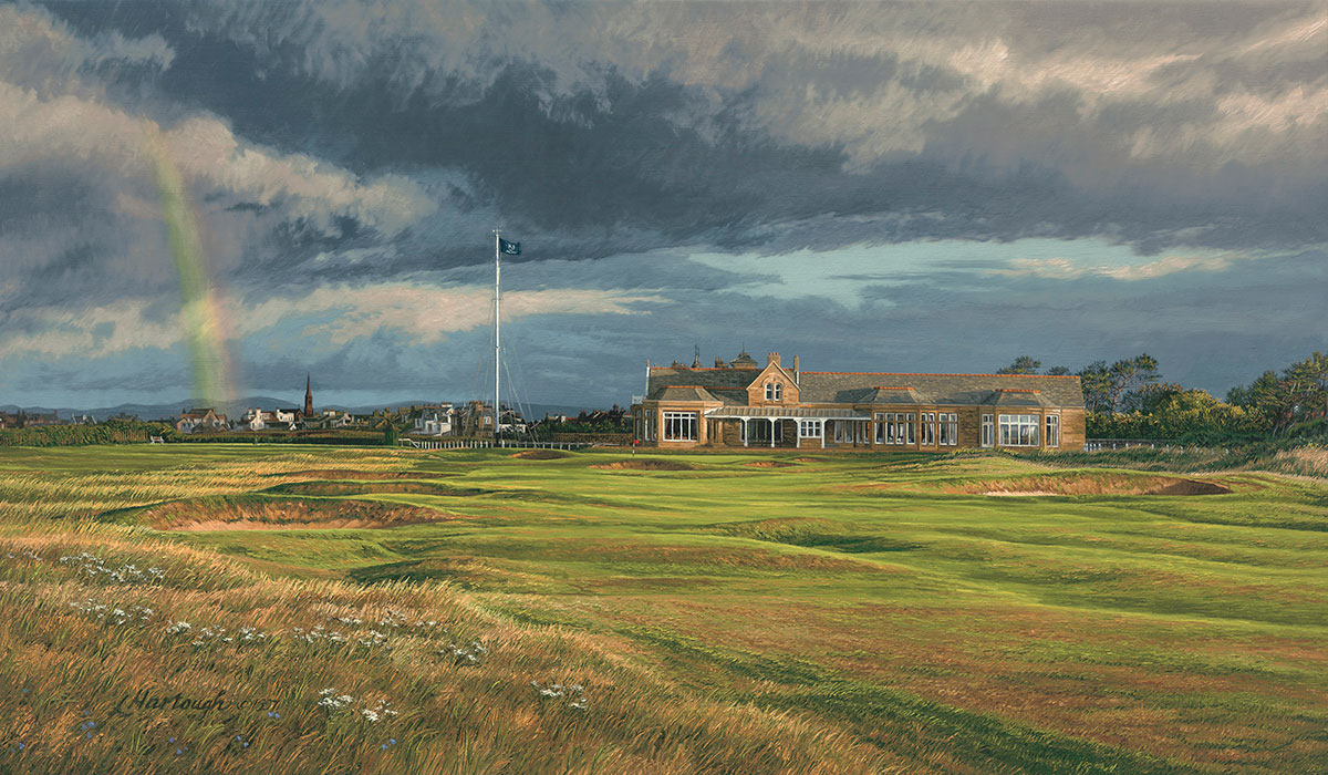 A painting of the 18th hole at Craigend Royal Troon Golf Club by renowned Hilton Head Island artist Linda Hartough