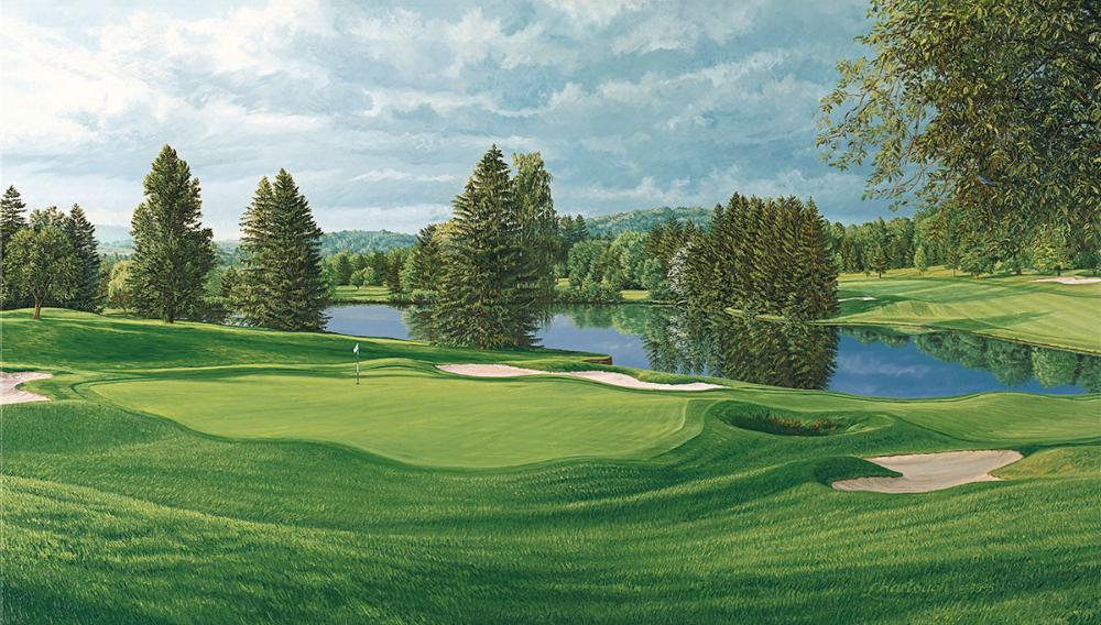 A painting of the 18th hole at Laurel Valley Golf Club by renowned Hilton Head Island artist Linda Hartough