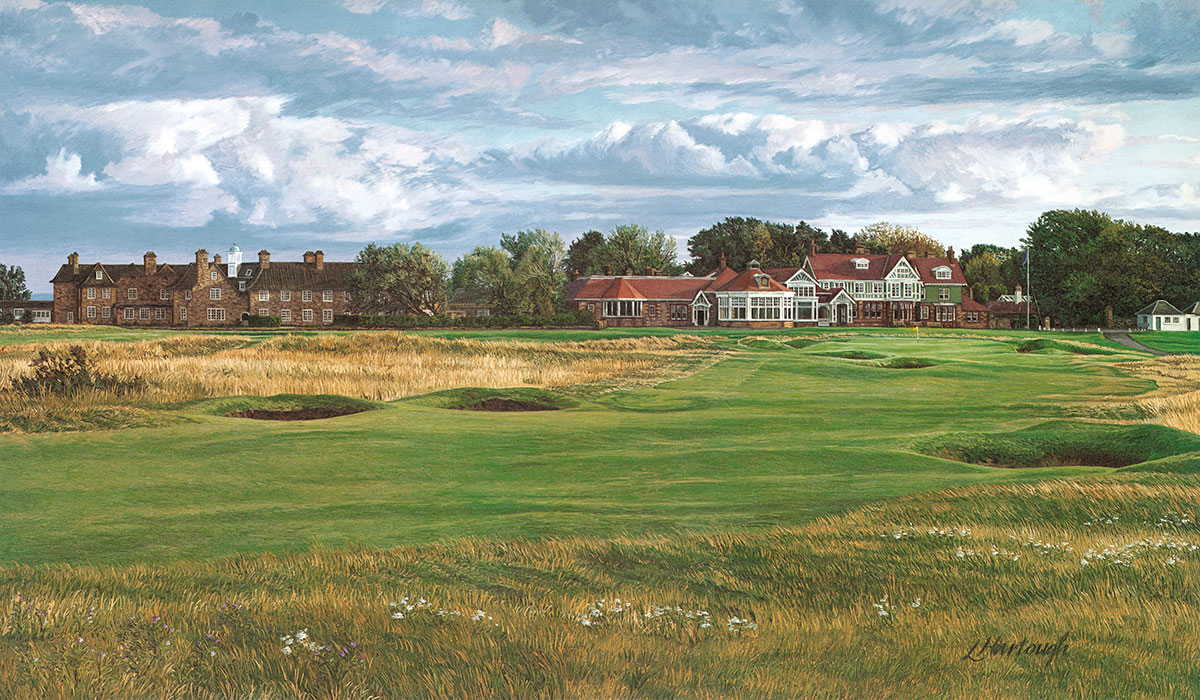 A painting of the 18th hole at Muirfield Golf Club, 1992 Open Championship by renowned Hilton Head Island artist Linda Hartough