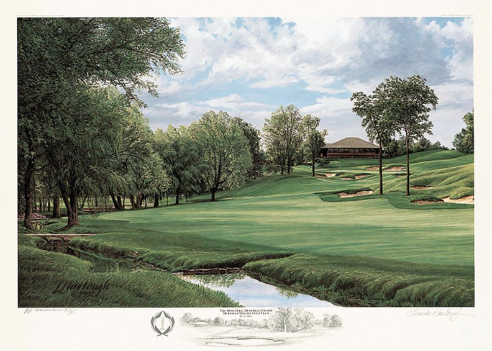 A fine art print of the 18th hole at Muirfield Village Golf Club by renowned Hilton Head Island artist Linda Hartough