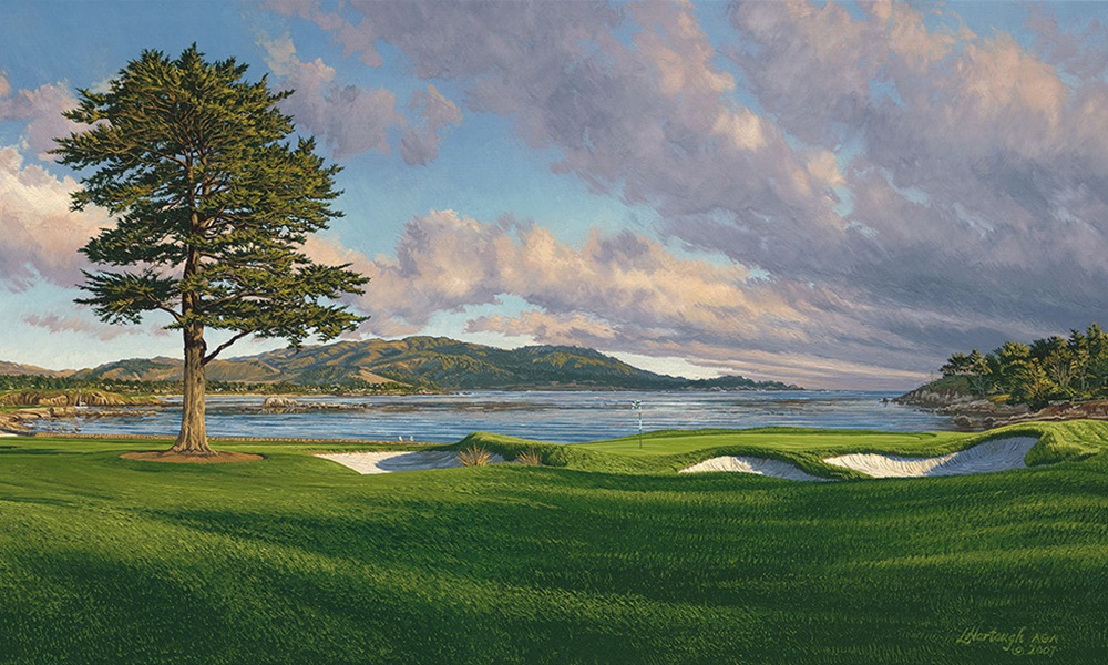 A painting of the 18th hole at Pebble Beach Golf Links giclee by renowned Hilton Head Island artist Linda Hartough