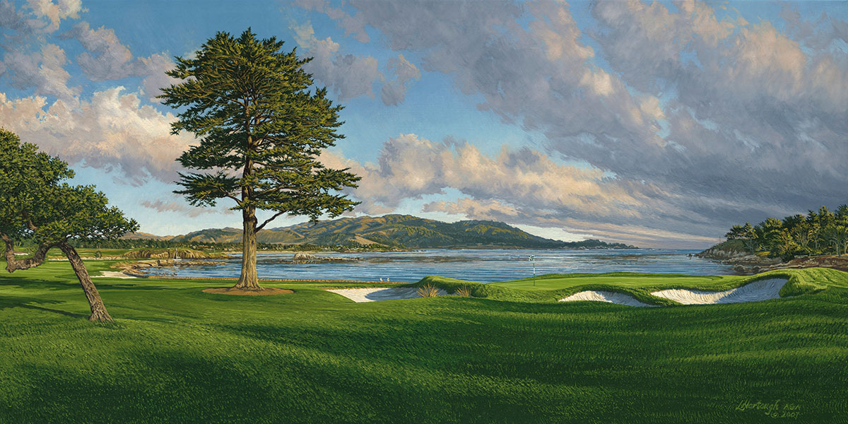 A painting of the 18th hole at Pebble Beach Golf Links by renowned Hilton Head Island artist Linda Hartough