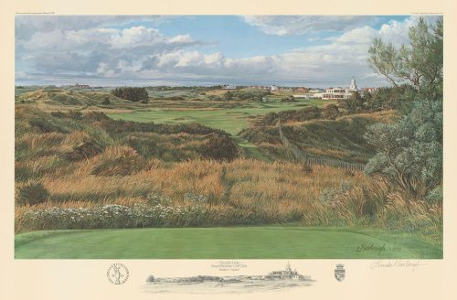 A fine art paper print of the 18th hole at Royal Birkdale by renowned Hilton Head Island artist Linda Hartough