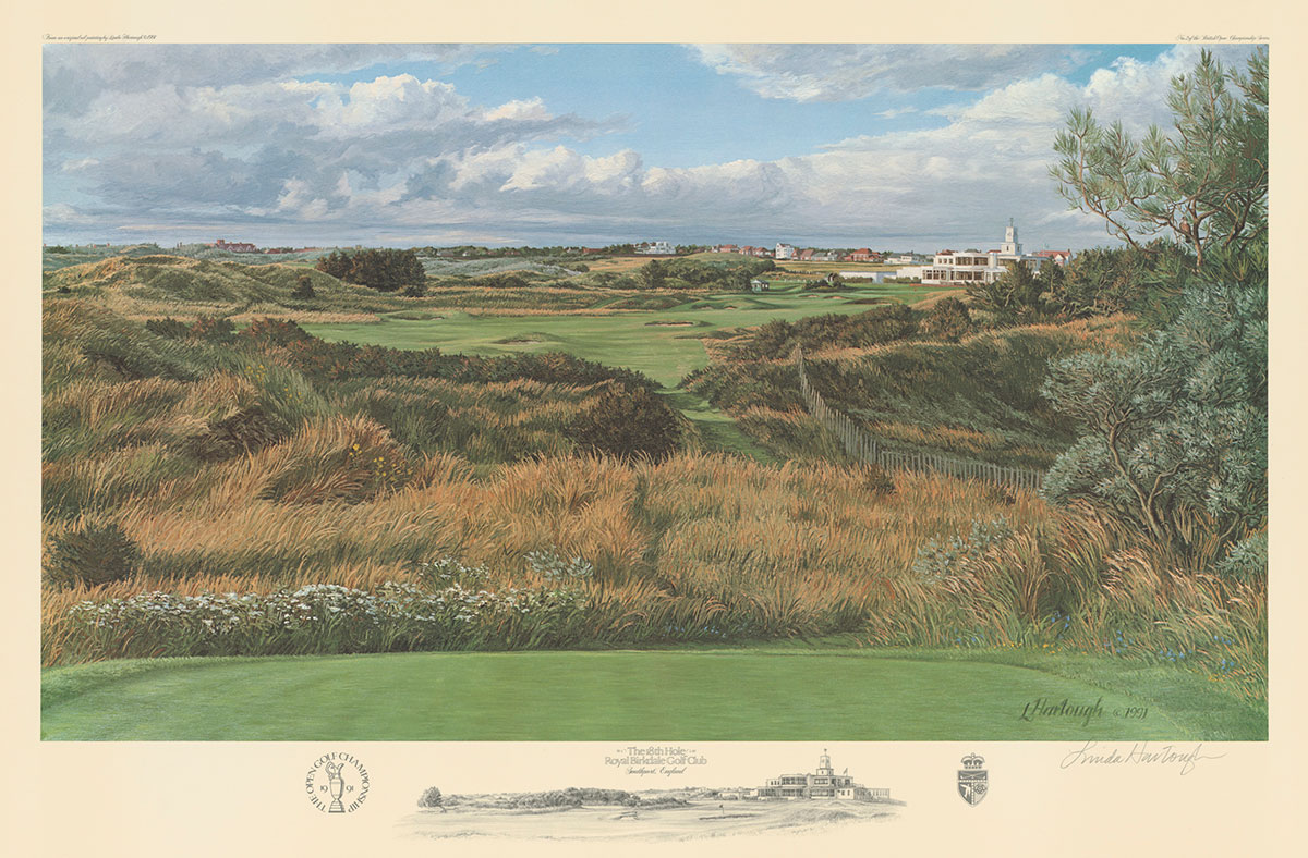 A fine art paper print of the 18th hole at Royal Birkdale by renowned Hilton Head Island artist Linda Hartough