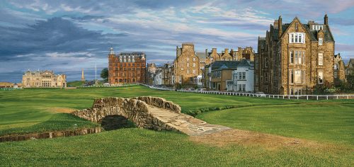 A painting of the 18th hole at Swilcan Bridge St Andrews by renowned Hilton Head Island artist Linda Hartough