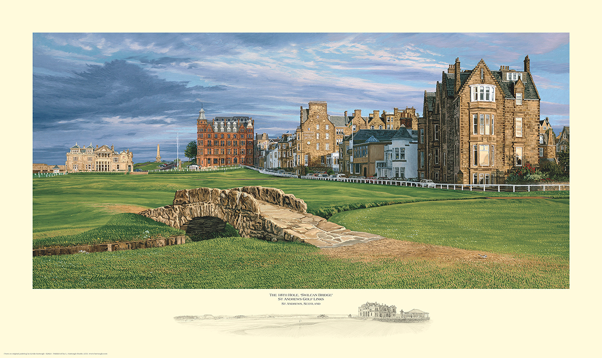 A paper giclee of the 18th hole at Swilcan Bridge St Andrews by renowned Hilton Head Island artist Linda Hartough