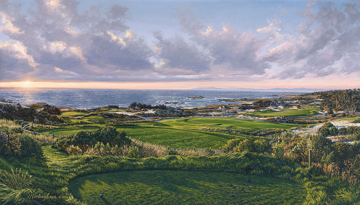 A painting of the 3rd hole at Spyglass Hill Golf Course by renowned Hilton Head Island artist Linda Hartough