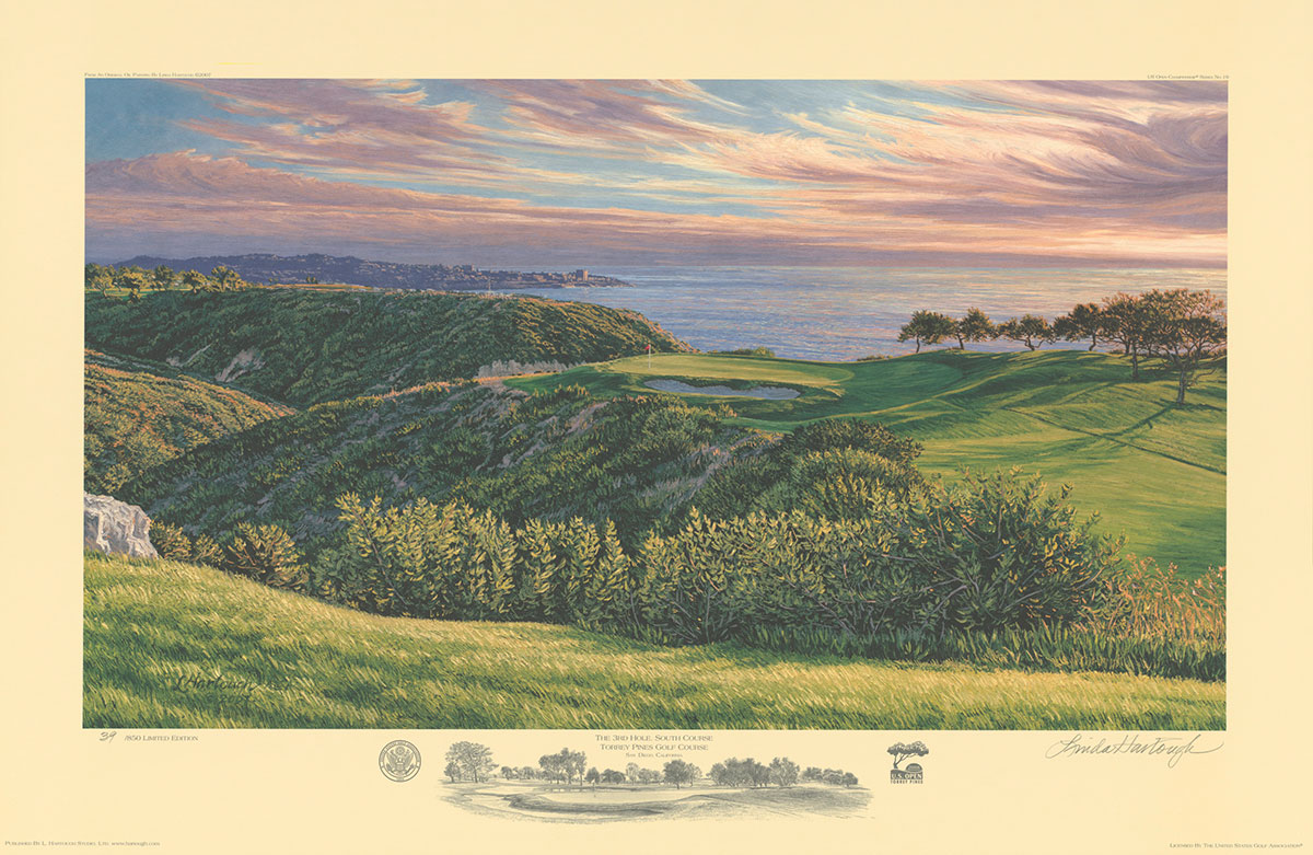 A fine art print of the 3rd hole at Torrey Pines South Course, 2008 U.S. Open Championship by renowned Hilton Head Island artist Linda Hartough