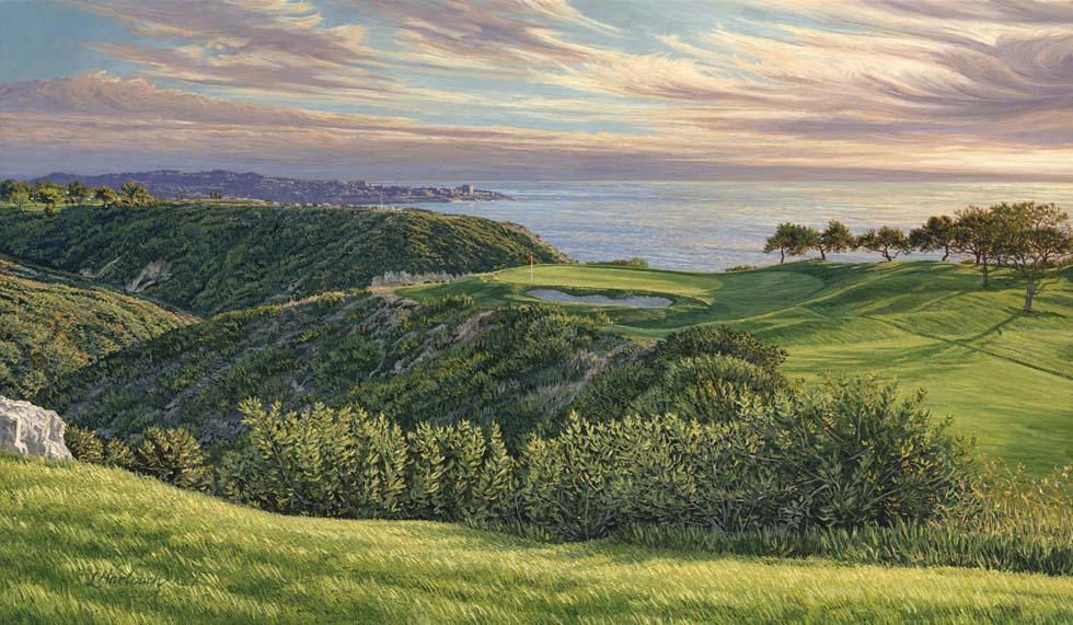 A painting of the 3rd hole at Torrey Pines South Course, 2008 U.S. Open Championship by renowned Hilton Head Island artist Linda Hartough