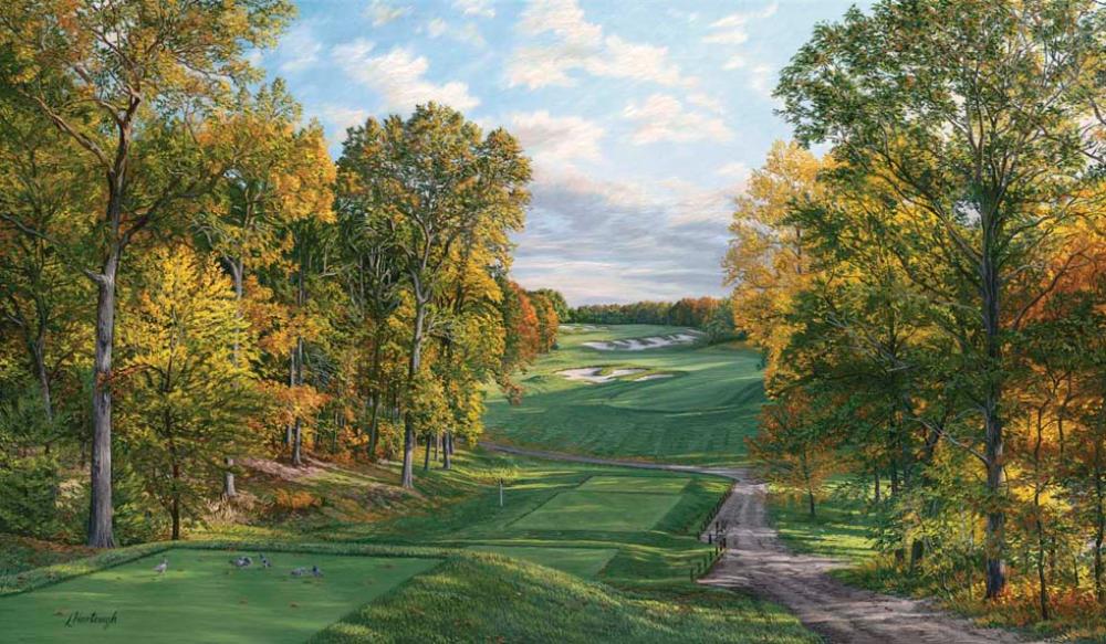 A painting of the 4th hole at Bethpage Black, 2002 US Open Championship by renowned Hilton Head Island artist Linda Hartough