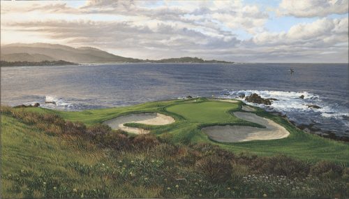 A painting of the 7th hole at Pebble Beach Golf Links by renowned Hilton Head Island artist Linda Hartough