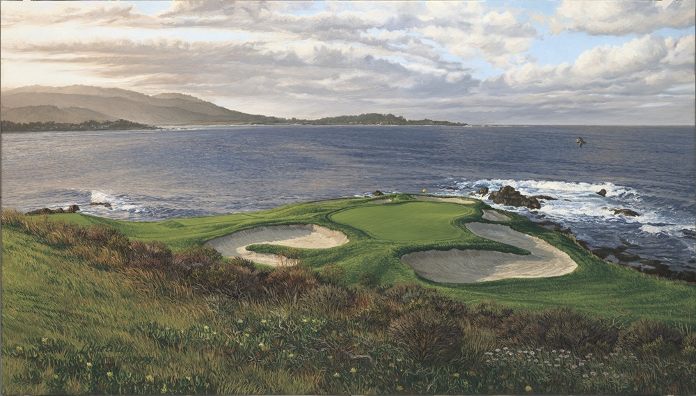 A painting of the 7th hole at Pebble Beach Golf Links by renowned Hilton Head Island artist Linda Hartough