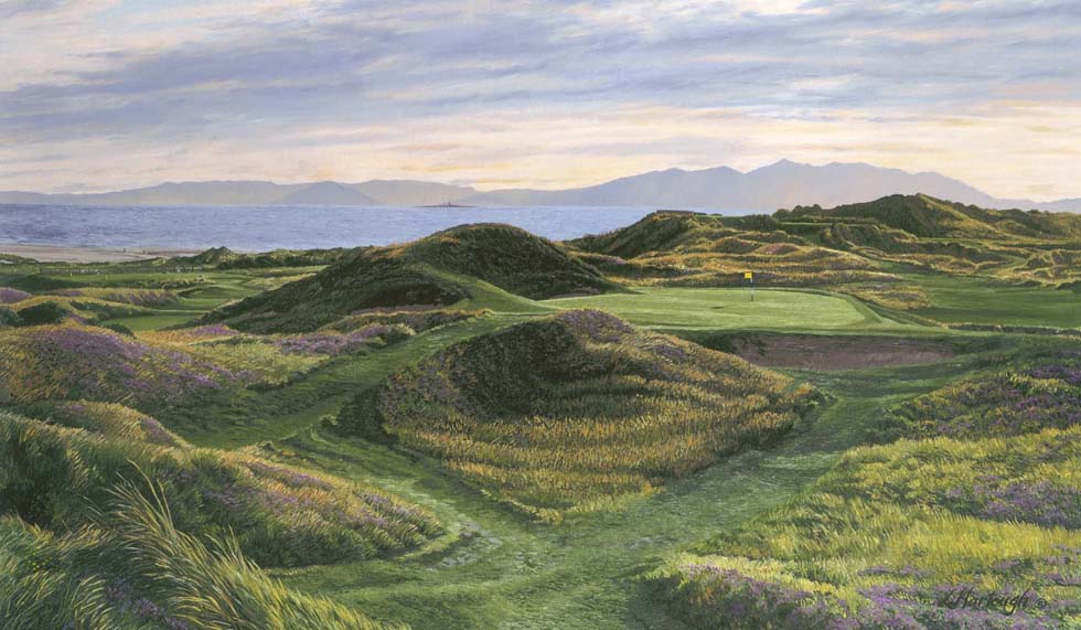 A painting of the 8th hole at Postage Stamp Royal Troon by renowned Hilton Head Island artist Linda Hartough