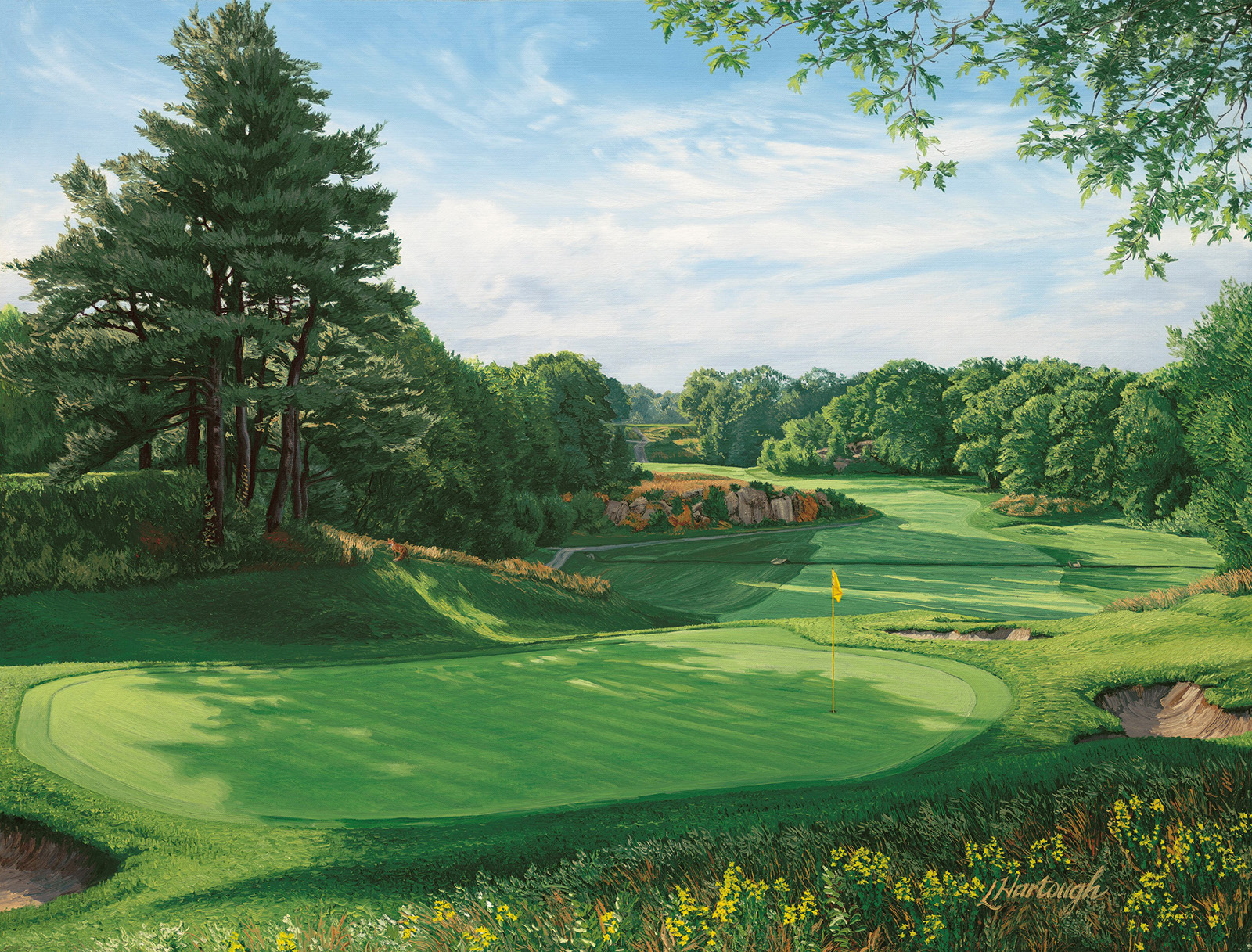 A painting of the 10th hole at The Country Club at Brookline, MA, 2022 U.S. Open by renowned Hilton Head Island artist Linda Hartough