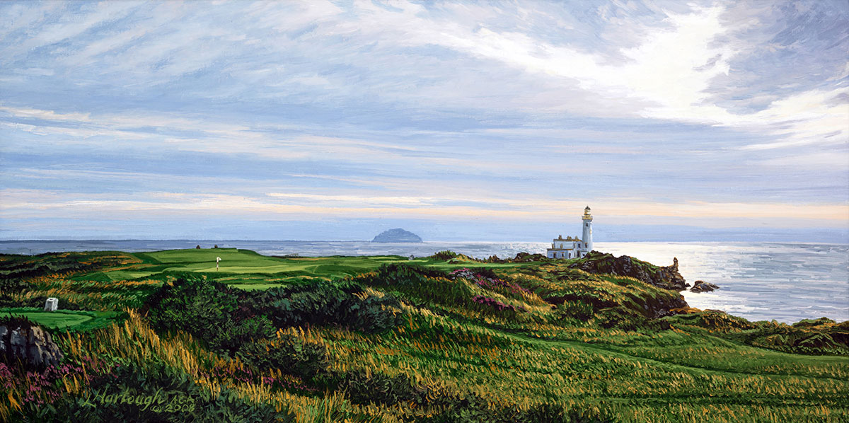 A painting of the 9th hole at Bruce’s Castle Turnberry Golf Club by renowned Hilton Head Island artist Linda Hartough