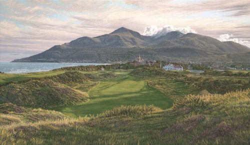 A painting of the 9th hole at Royal County Down by renowned Hilton Head Island artist Linda Hartough