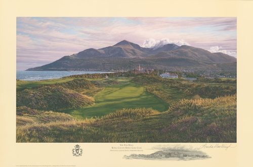 A fine art paper print of the 9th hole at Royal County Down by renowned Hilton Head Island artist Linda Hartough