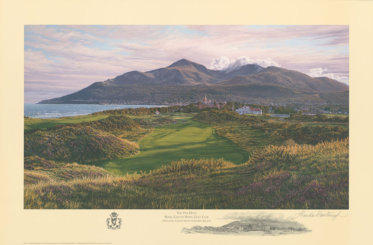 A fine art paper print of the 9th hole at Royal County Down by renowned Hilton Head Island artist Linda Hartough