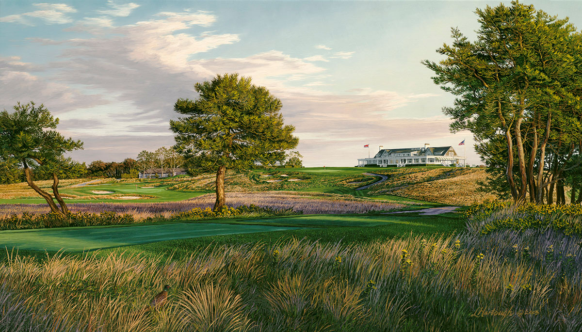 A painting of the 9th hole at Shinnecock, 2004 U.S. Open Championship by renowned Hilton Head Island artist Linda Hartough
