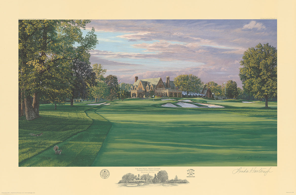 A fine art print of the 9th hole at Winged Foot, 2006 U.S. Open Championship by renowned Hilton Head Island artist Linda Hartough