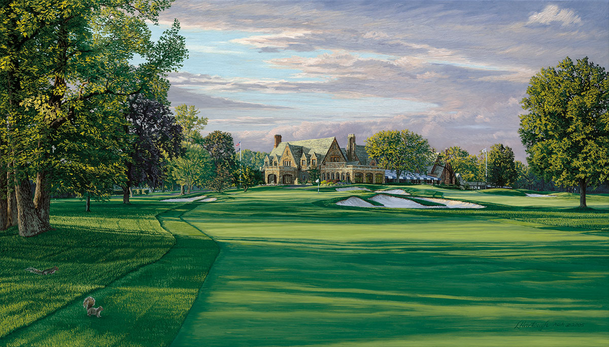 A painting of the 9th hole at Winged Foot, 2006 U.S. Open Championship by renowned Hilton Head Island artist Linda Hartough