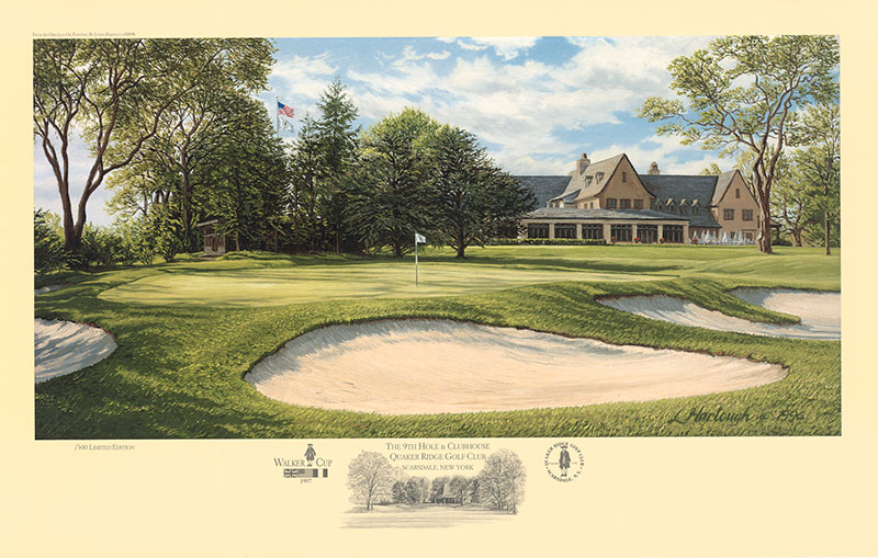 A fine art print of the 9th hole at the Clubhouse, Quaker Ridge Golf Club by renowned Hilton Head Island artist Linda Hartough