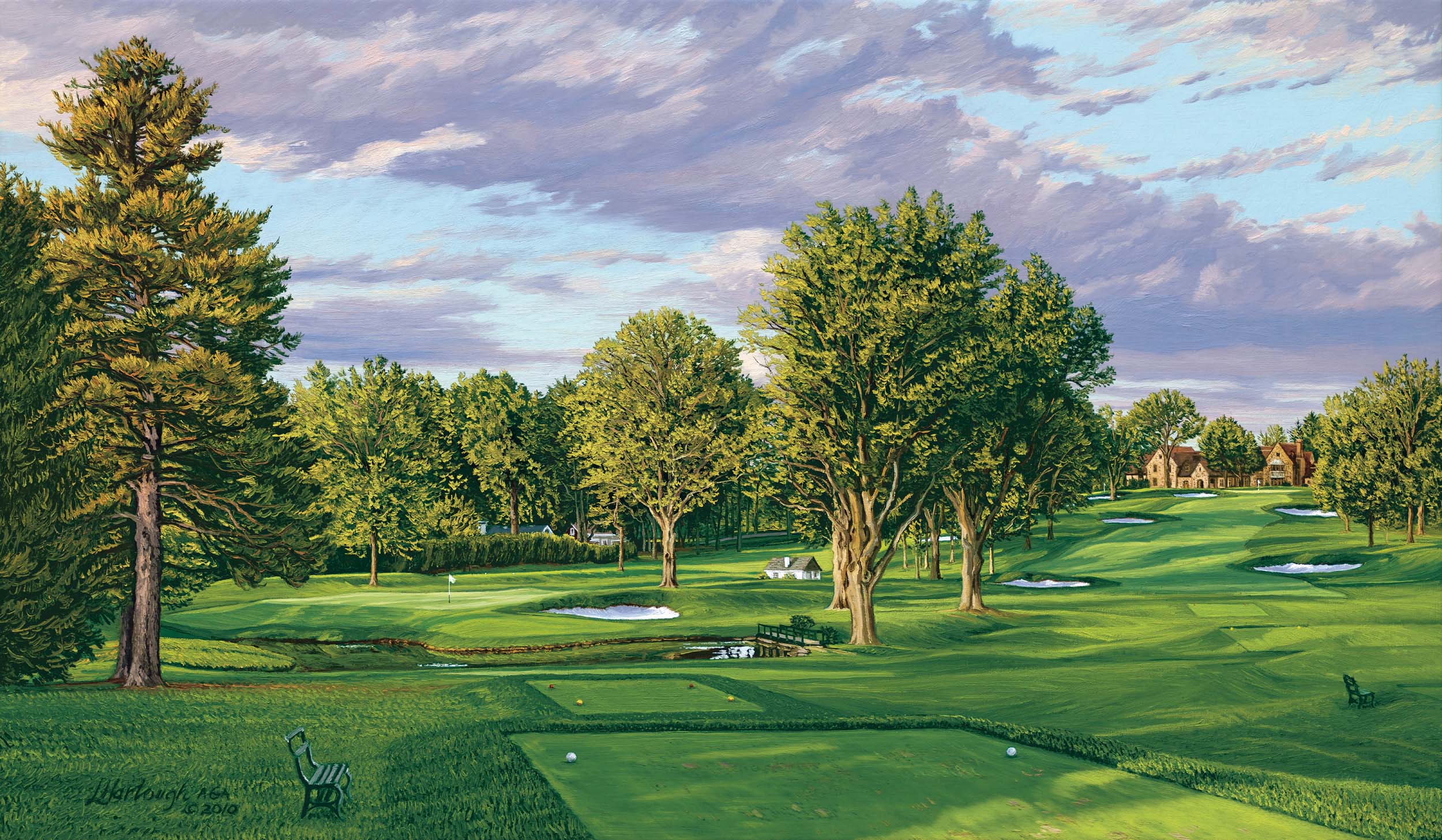 A fine art paper print of the 17th and 9th hole at Aronimink Golf Club by renowned Hilton Head Island artist Linda Hartough